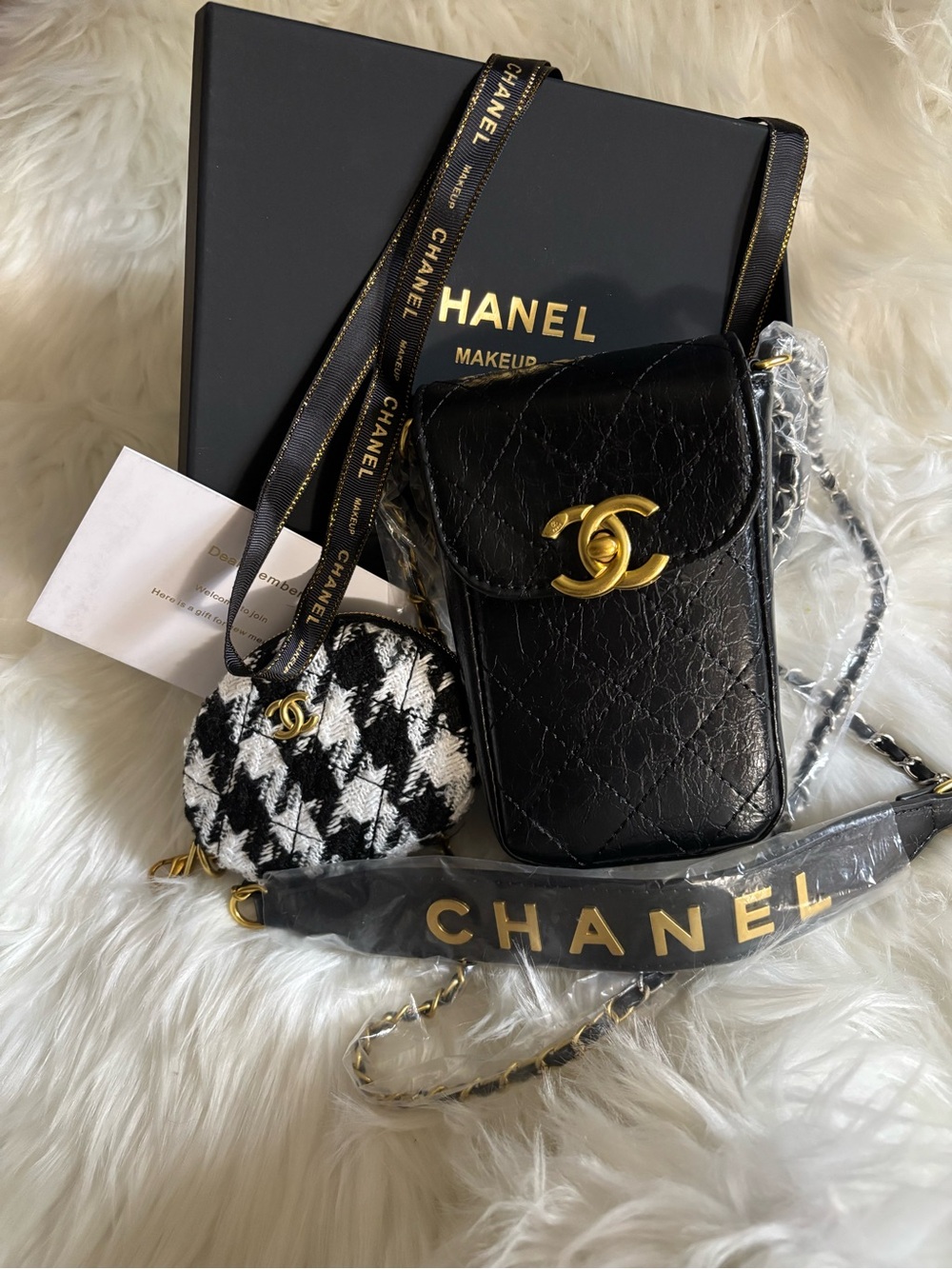 Black BEAUTE Phone Case & Tweed Coin Purse w Gold & Silver Chain